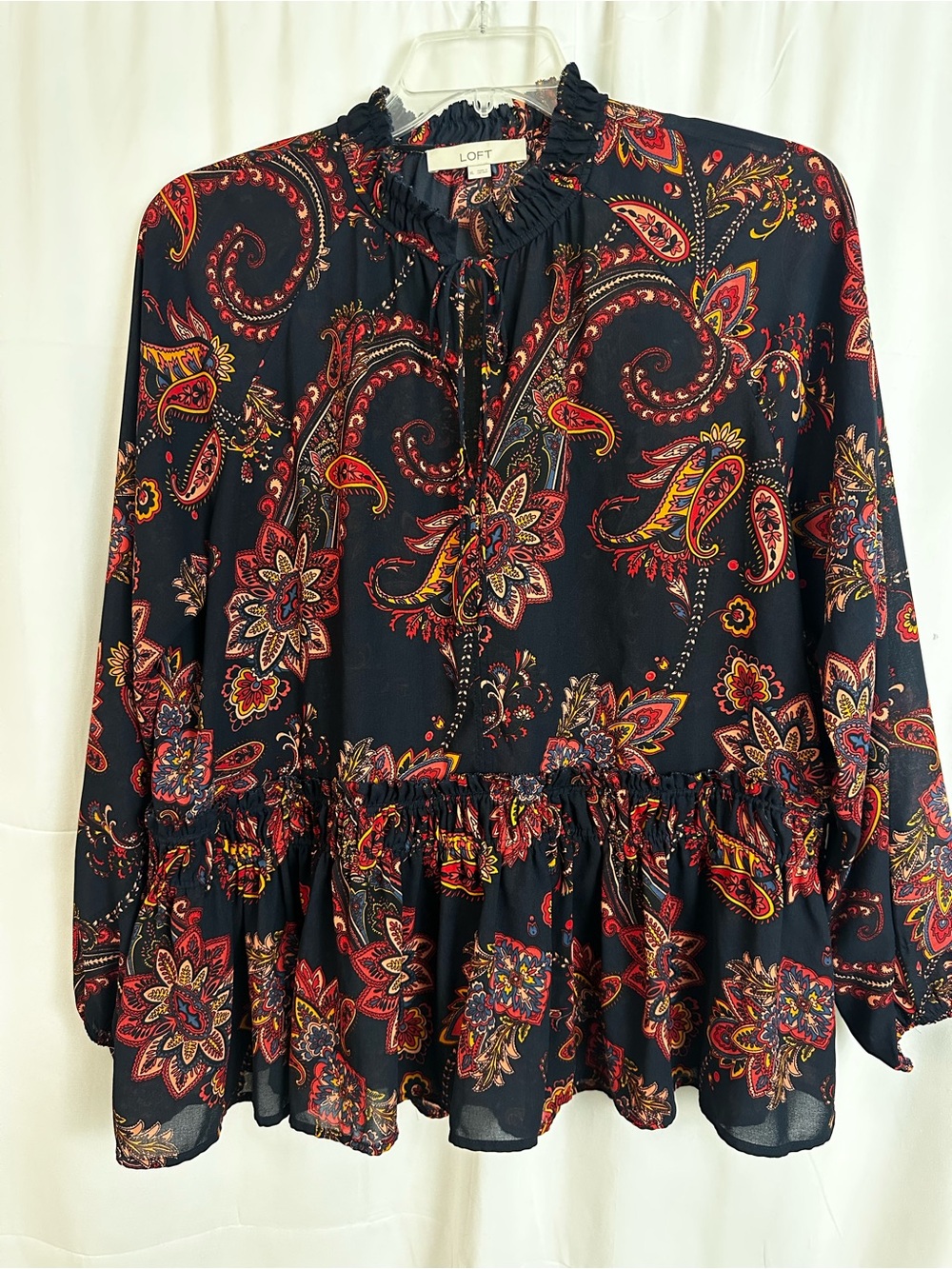 LOFT Navy Blue Paisley Tunic Blouse with Red and Gold Accents, XL, Boho Chic